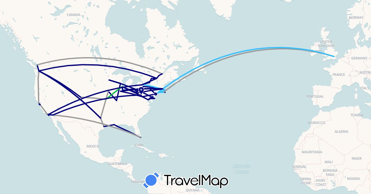 TravelMap itinerary: driving, bus, plane, boat in Canada, United Kingdom, United States (Europe, North America)